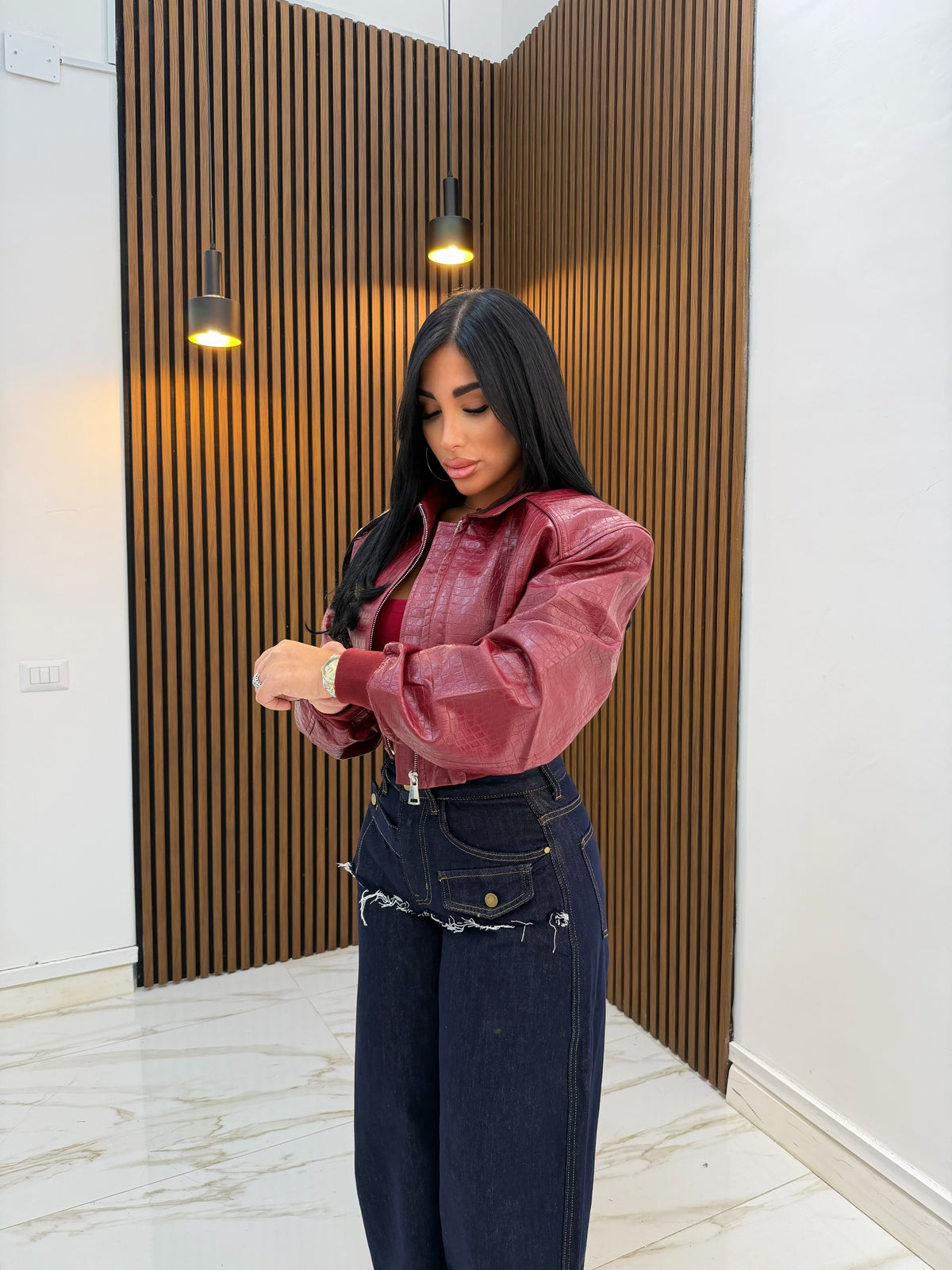 GIUBBINO CROP ECOPELLE BORDEAUX