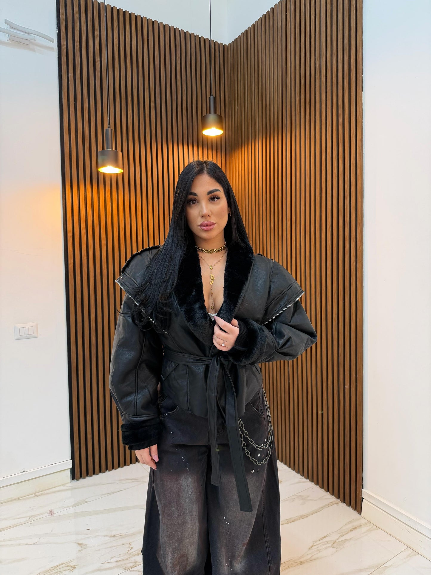 GIUBBINO ECOPELLE CON PELLICCIA NERO