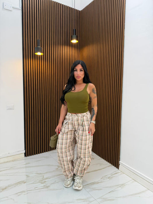 PANTALONE A QUADRI BEIGE
