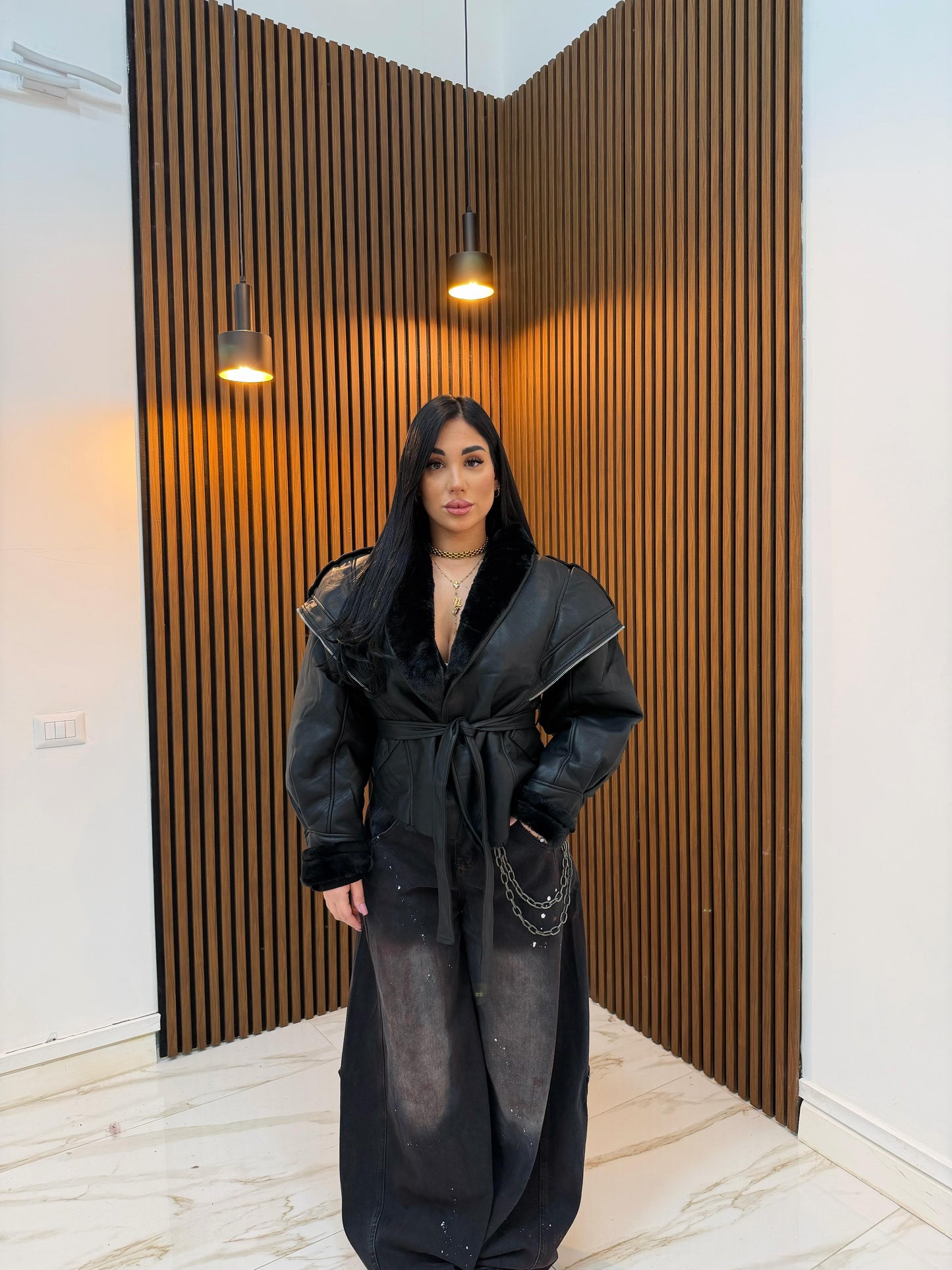 GIUBBINO ECOPELLE CON PELLICCIA NERO