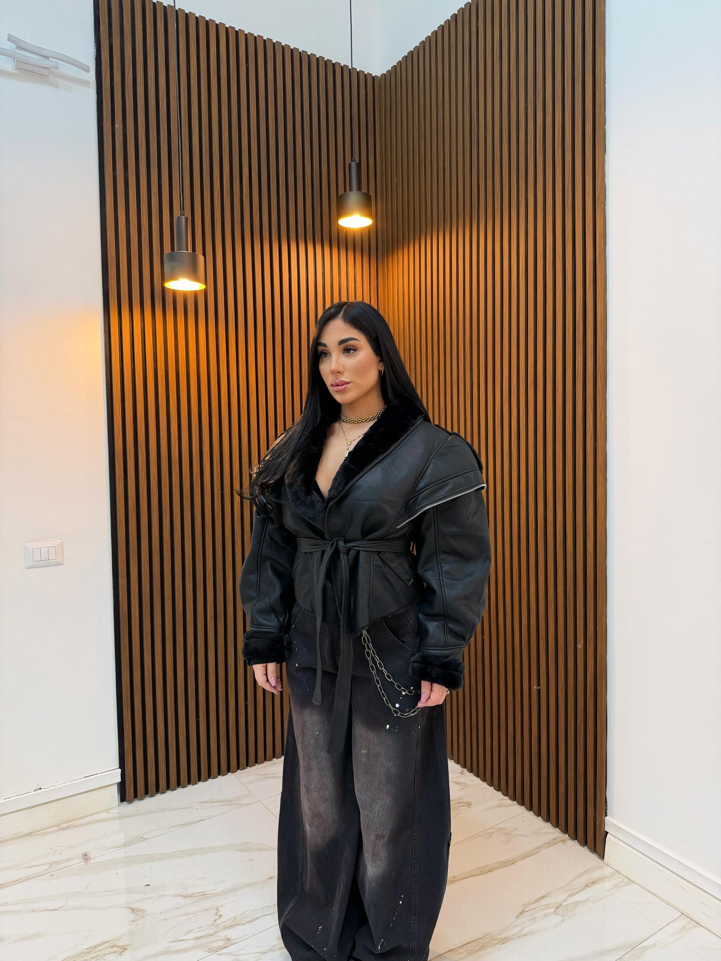 GIUBBINO ECOPELLE CON PELLICCIA NERO