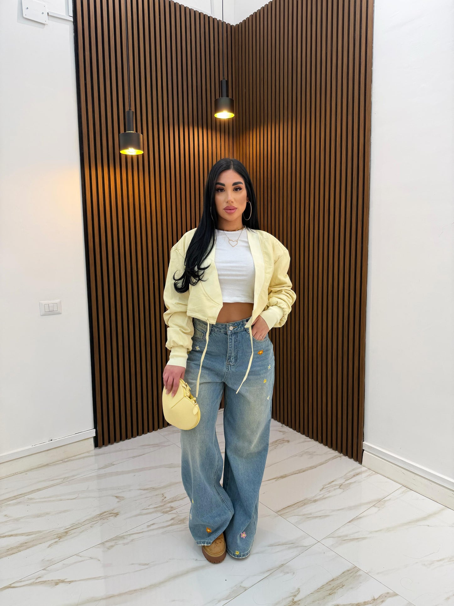 GIACCA CROP ECOPELLE GIALLA