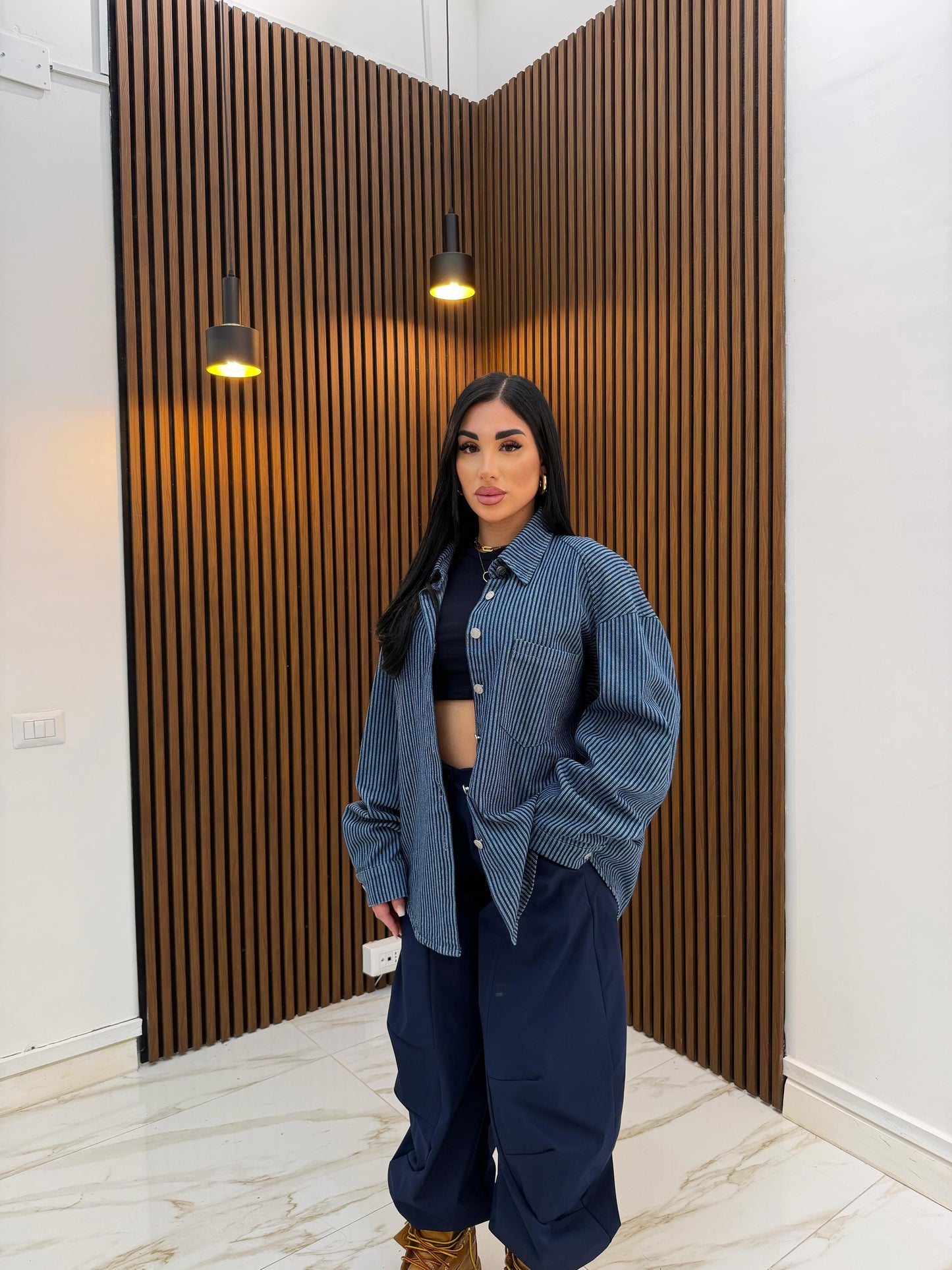 CAMICIA RIGHE IN DENIM SCURO