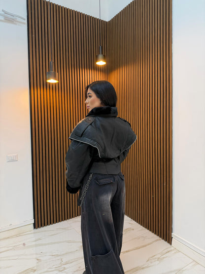 GIUBBINO ECOPELLE CON PELLICCIA NERO