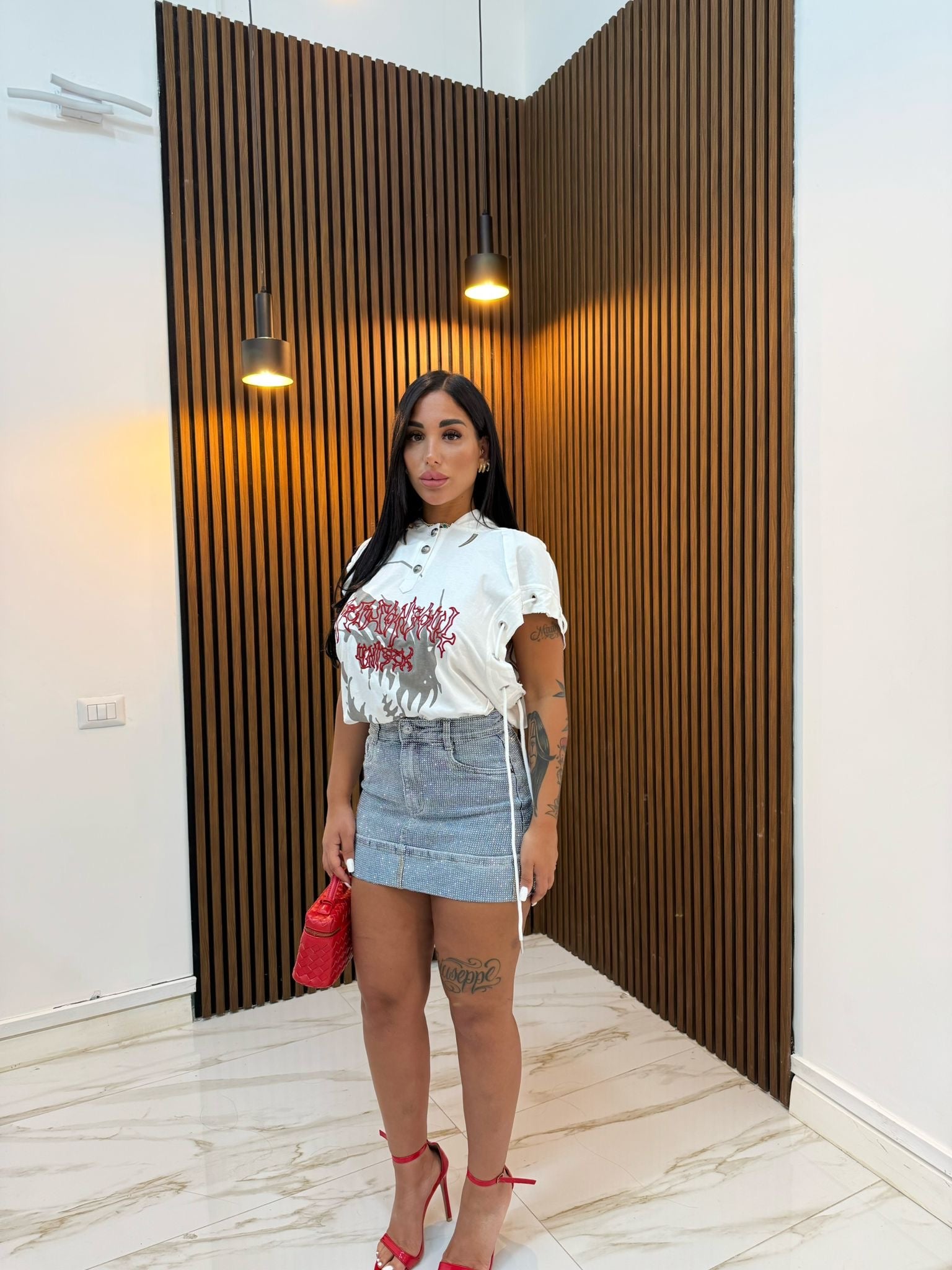MINIGONNA BRILLANTINATA IN DENIM