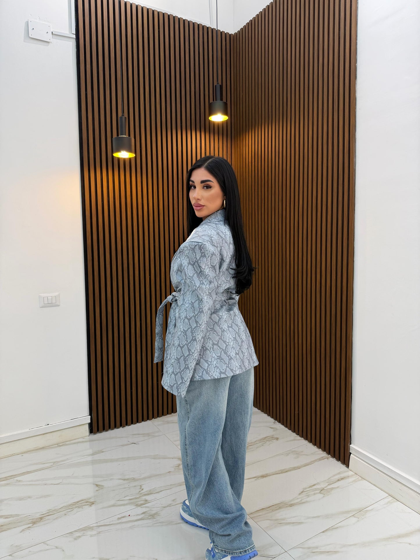 GIACCA PITONATA IN ECOPELLE CELESTE